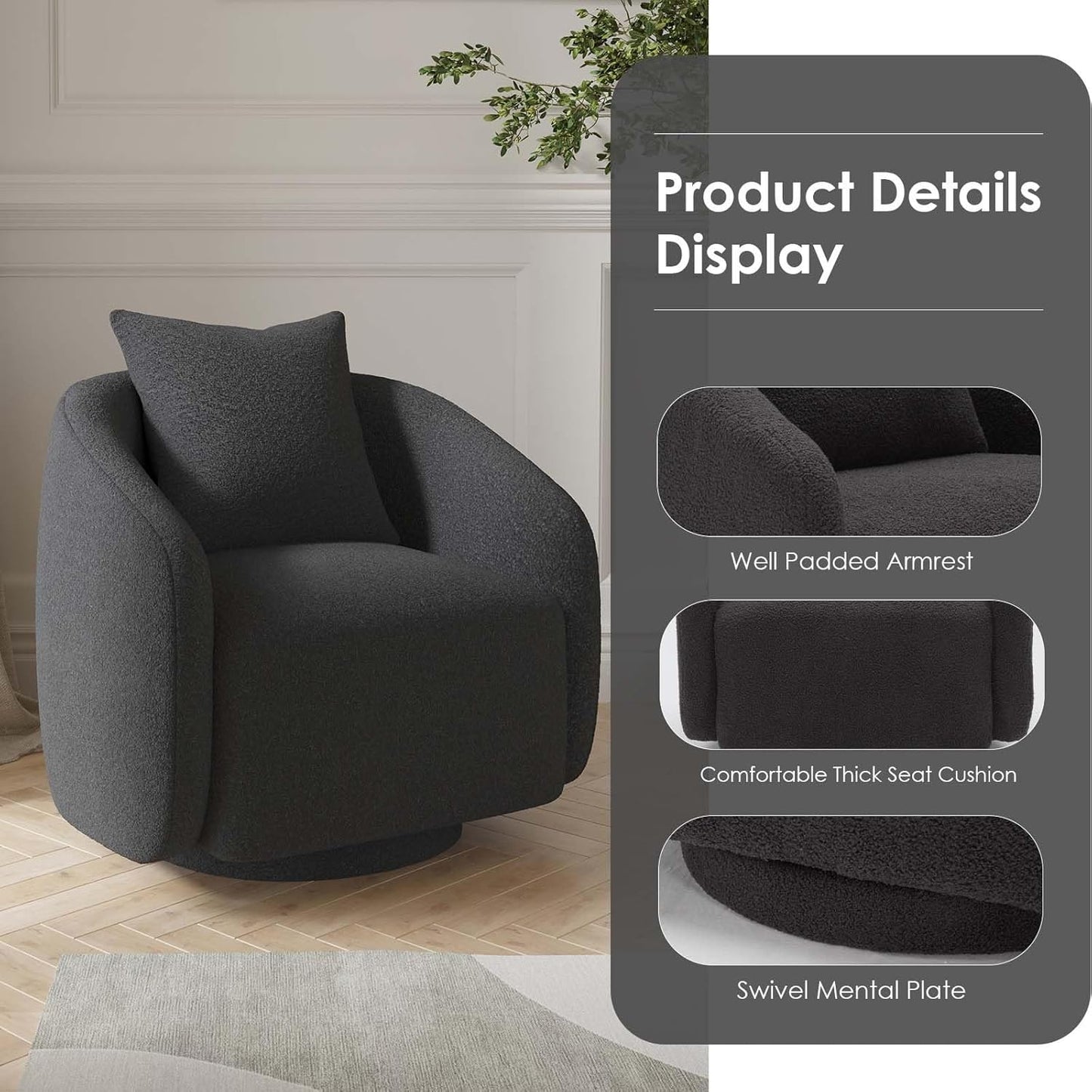 360° Swivel Barrel Accent Chair, Modern Black Lounge Armchair, Comfortable Single Sofa for Living Room, Bedroom & Leisure Seating