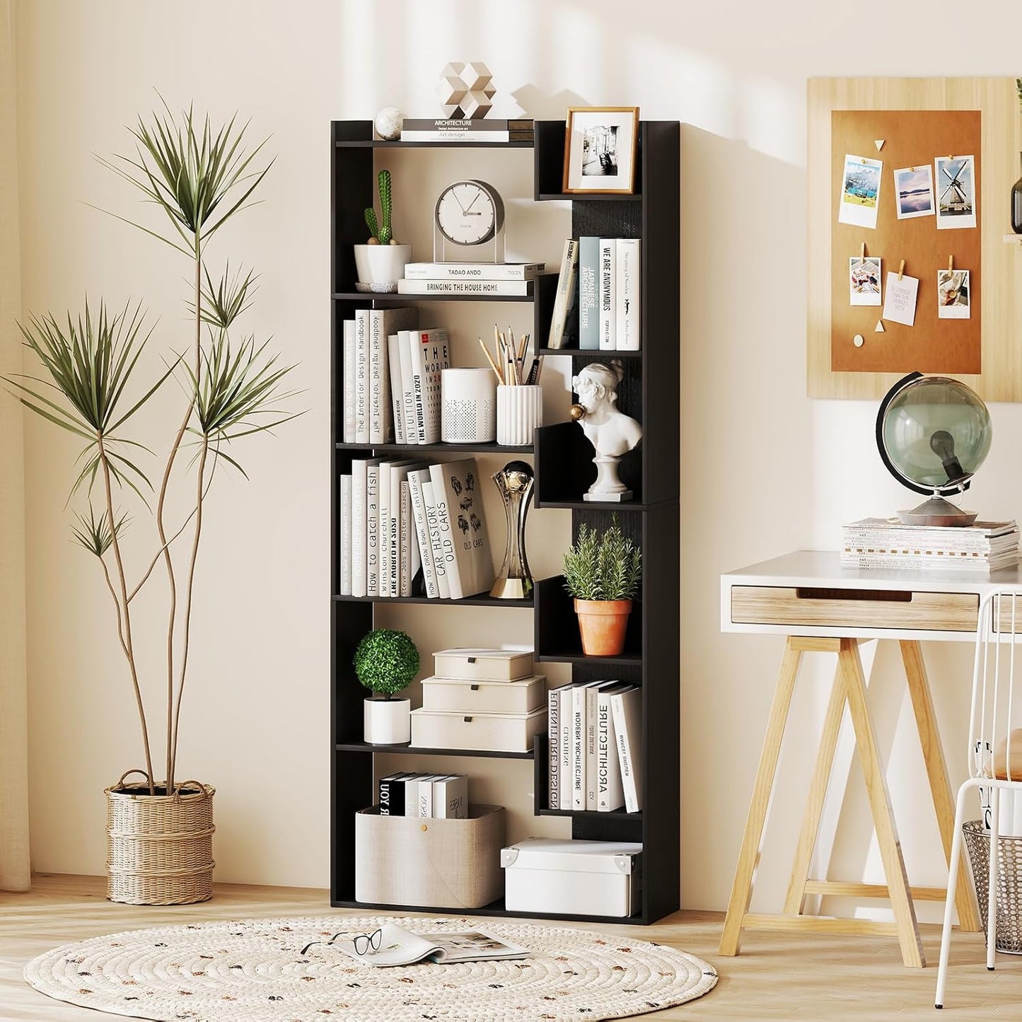 6-Tier Modern Bookshelf with Staggered Open Shelves, Wooden Bookcase Storage Display Unit with Anti-Tip Kit for Living Room, Bedroom and Home Office, Black