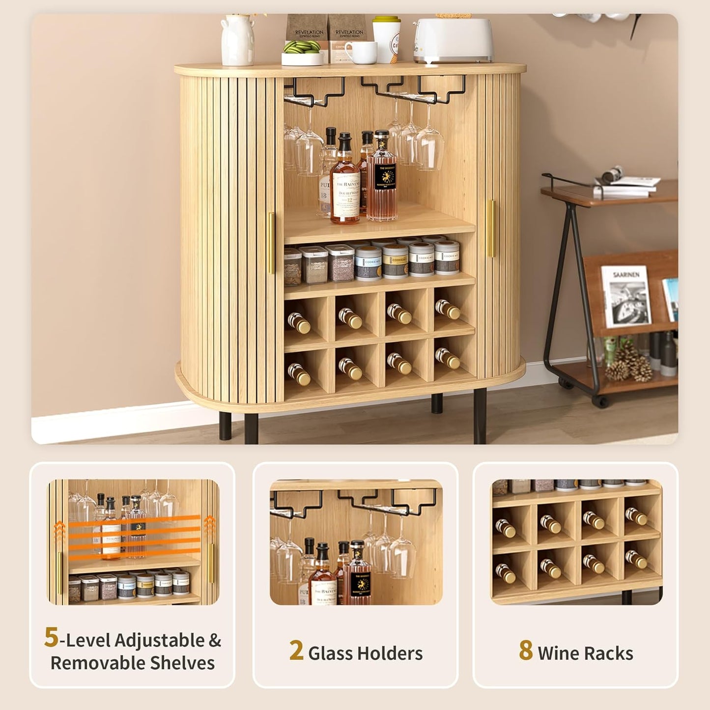 Fluted Wine Bar Cabinet with Wine Rack and Glass Holder, Sliding Door Buffet Sideboard with Storage Shelves for Home Bar, Dining Room and Kitchen, Natural Wood Finish