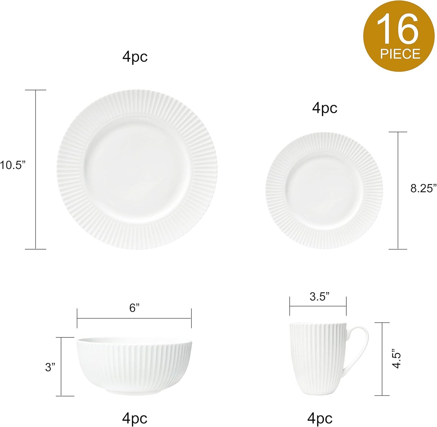 16-Piece Bone China Dinnerware Set for 4, Elegant White Embossed Stripe Plates and Bowls Set, Chip Resistant and Microwave Safe Tableware for Everyday and Formal Dining