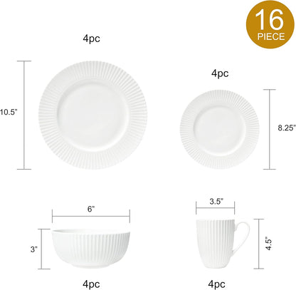 16-Piece Bone China Dinnerware Set for 4, Elegant White Embossed Stripe Plates and Bowls Set, Chip Resistant and Microwave Safe Tableware for Everyday and Formal Dining
