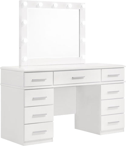 Luxury 54-Inch Vanity Dressing Table with 9 Drawers, LED Lighted Mirror and High Gloss Finish Makeup Vanity Set for Bedroom