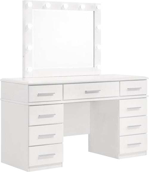 Luxury 54-Inch Vanity Dressing Table with 9 Drawers, LED Lighted Mirror and High Gloss Finish Makeup Vanity Set for Bedroom