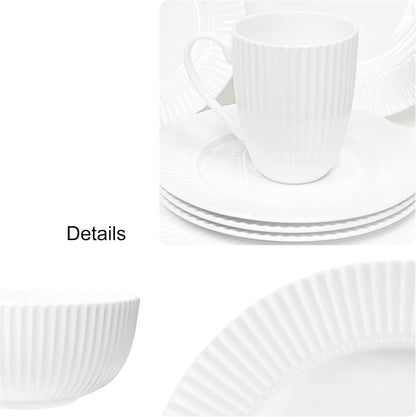 16-Piece Bone China Dinnerware Set for 4, Elegant White Embossed Stripe Plates and Bowls Set, Chip Resistant and Microwave Safe Tableware for Everyday and Formal Dining