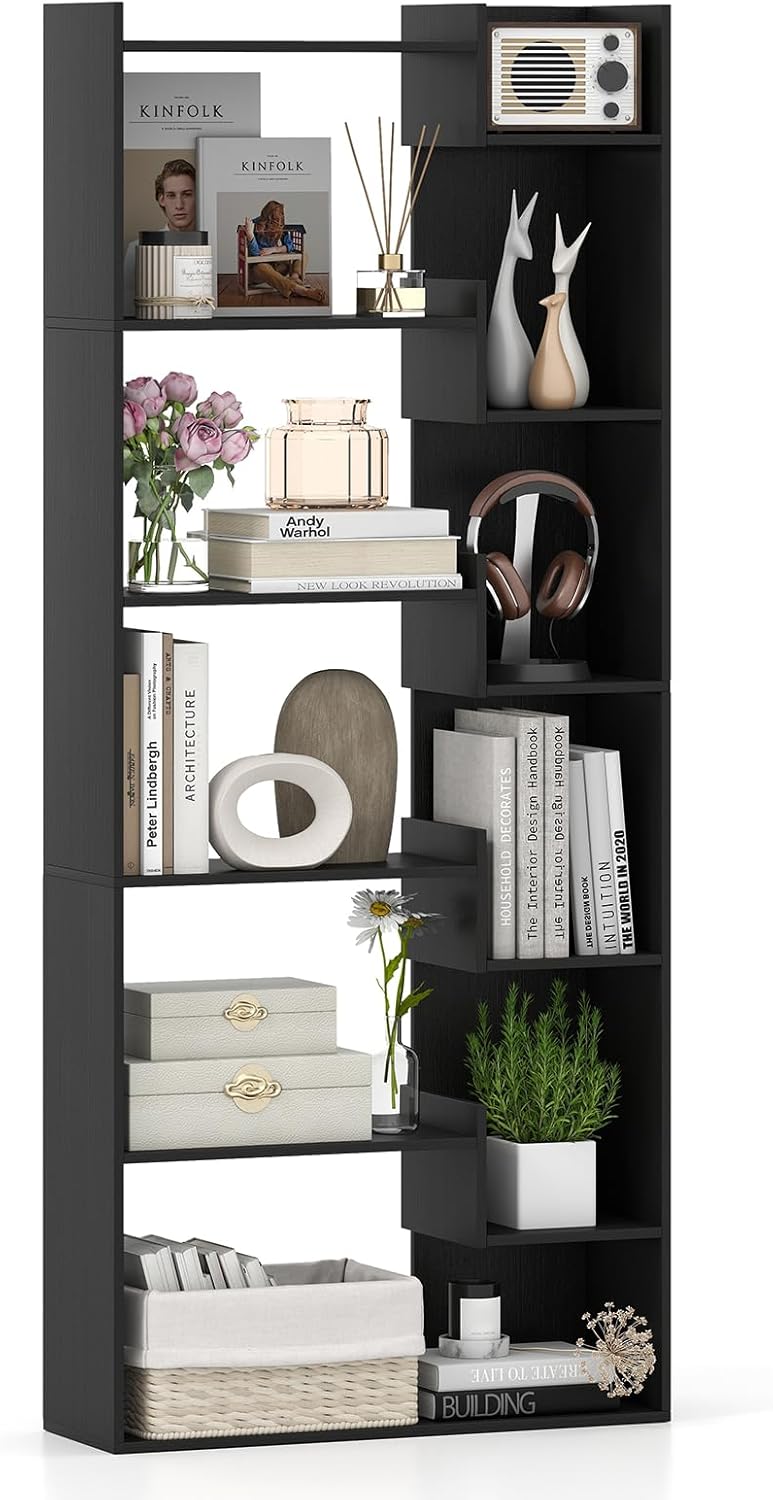 6-Tier Modern Bookshelf with Staggered Open Shelves, Wooden Bookcase Storage Display Unit with Anti-Tip Kit for Living Room, Bedroom and Home Office, Black