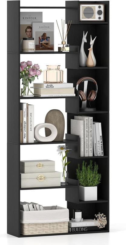 6-Tier Modern Bookshelf with Staggered Open Shelves, Wooden Bookcase Storage Display Unit with Anti-Tip Kit for Living Room, Bedroom and Home Office, Black
