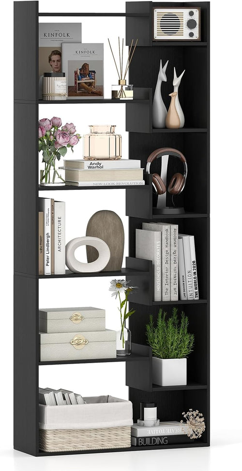 6-Tier Modern Bookshelf with Staggered Open Shelves, Wooden Bookcase Storage Display Unit with Anti-Tip Kit for Living Room, Bedroom and Home Office, Black