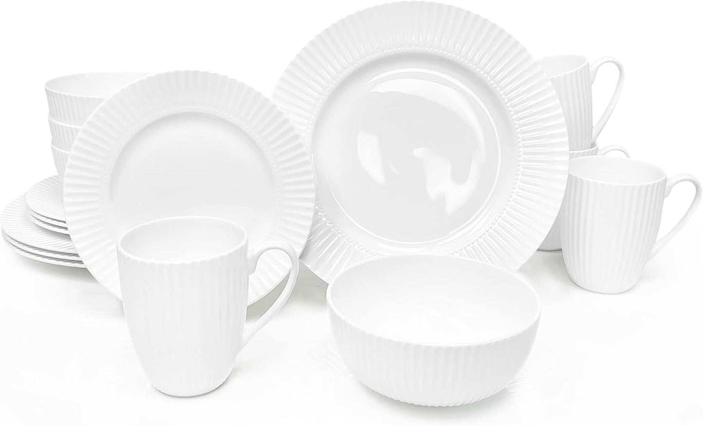 16-Piece Bone China Dinnerware Set for 4, Elegant White Embossed Stripe Plates and Bowls Set, Chip Resistant and Microwave Safe Tableware for Everyday and Formal Dining