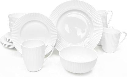 16-Piece Bone China Dinnerware Set for 4, Elegant White Embossed Stripe Plates and Bowls Set, Chip Resistant and Microwave Safe Tableware for Everyday and Formal Dining