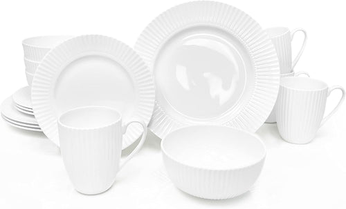 16-Piece Bone China Dinnerware Set for 4, Elegant White Embossed Stripe Plates and Bowls Set, Chip Resistant and Microwave Safe Tableware for Everyday and Formal Dining