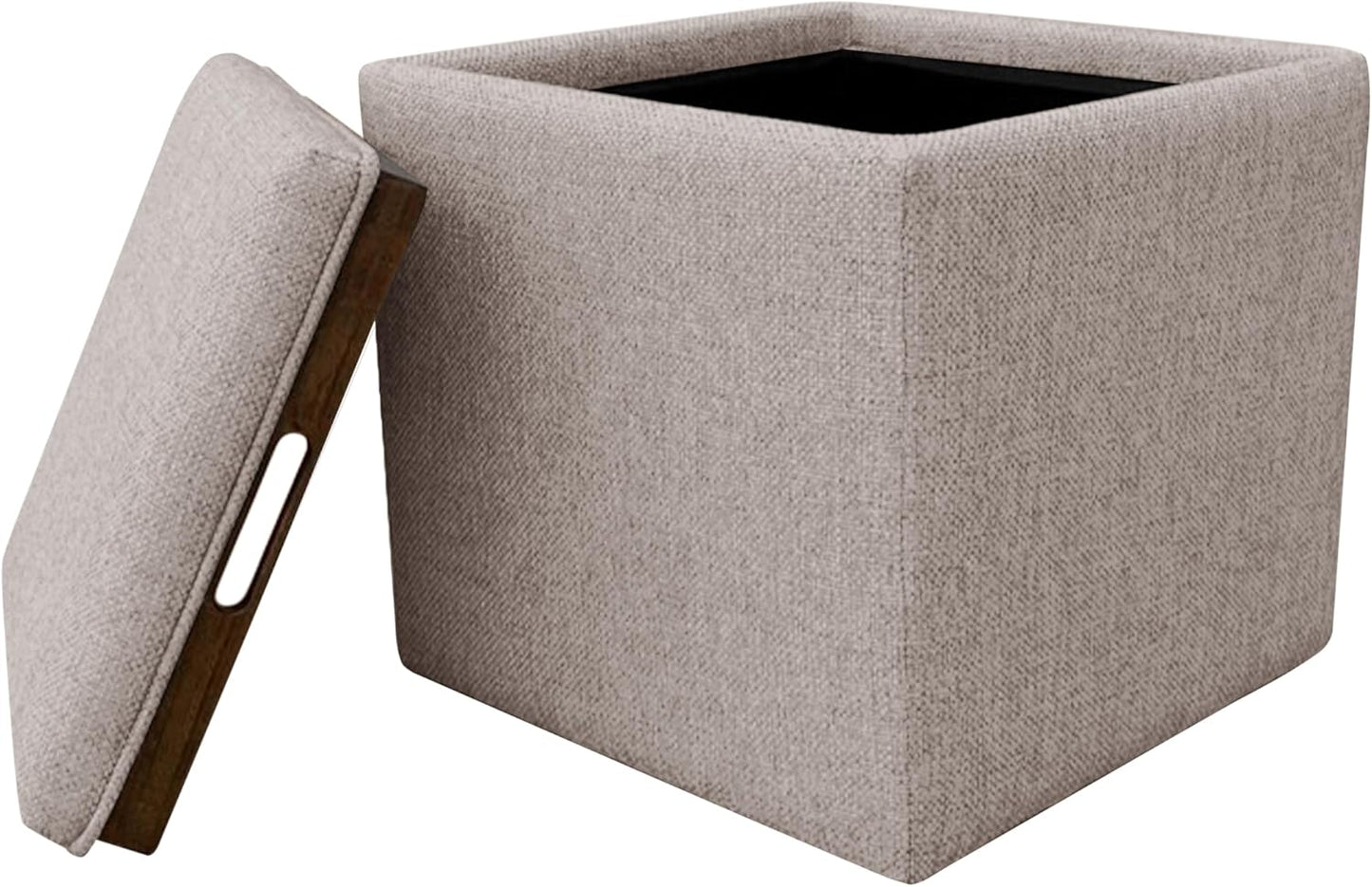Modern Square Storage Ottoman with Tray Top and Hidden Storage, Upholstered Woven Footrest Coffee Table for Living Room, Bedroom and Home Décor, Light Brown