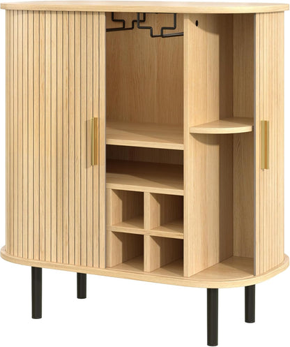 Fluted Wine Bar Cabinet with Wine Rack and Glass Holder, Sliding Door Buffet Sideboard with Storage Shelves for Home Bar, Dining Room and Kitchen, Natural Wood Finish