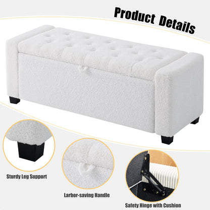 Storage Ottoman Bench with Hidden Storage, Upholstered Bench for Bedroom End of Bed, Living Room & Entryway Seating, White Modern Design