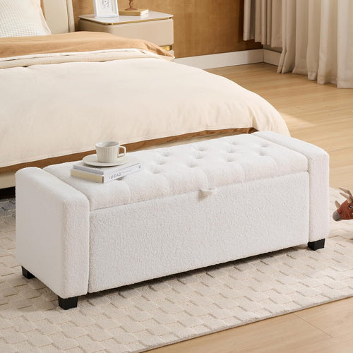Storage Ottoman Bench with Hidden Storage, Upholstered Bench for Bedroom End of Bed, Living Room & Entryway Seating, White Modern Design