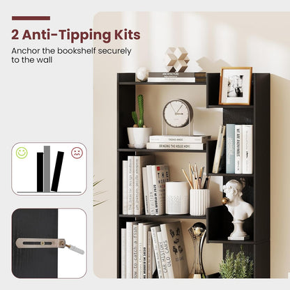 6-Tier Modern Bookshelf with Staggered Open Shelves, Wooden Bookcase Storage Display Unit with Anti-Tip Kit for Living Room, Bedroom and Home Office, Black