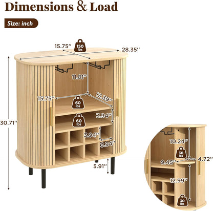 Fluted Wine Bar Cabinet with Wine Rack and Glass Holder, Sliding Door Buffet Sideboard with Storage Shelves for Home Bar, Dining Room and Kitchen, Natural Wood Finish