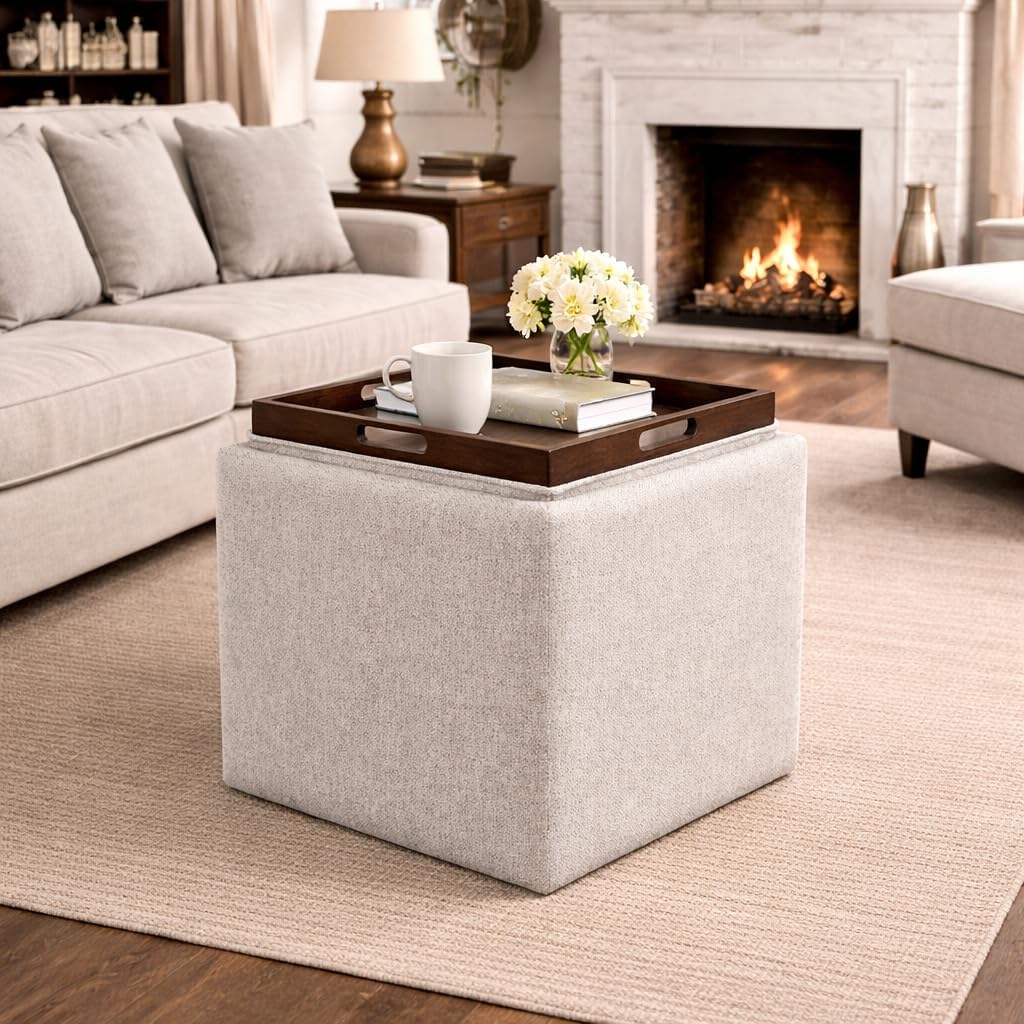 Modern Square Storage Ottoman with Tray Top and Hidden Storage, Upholstered Woven Footrest Coffee Table for Living Room, Bedroom and Home Décor, Light Brown