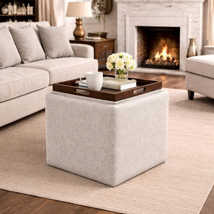 Modern Square Storage Ottoman with Tray Top and Hidden Storage, Upholstered Woven Footrest Coffee Table for Living Room, Bedroom and Home Décor, Light Brown