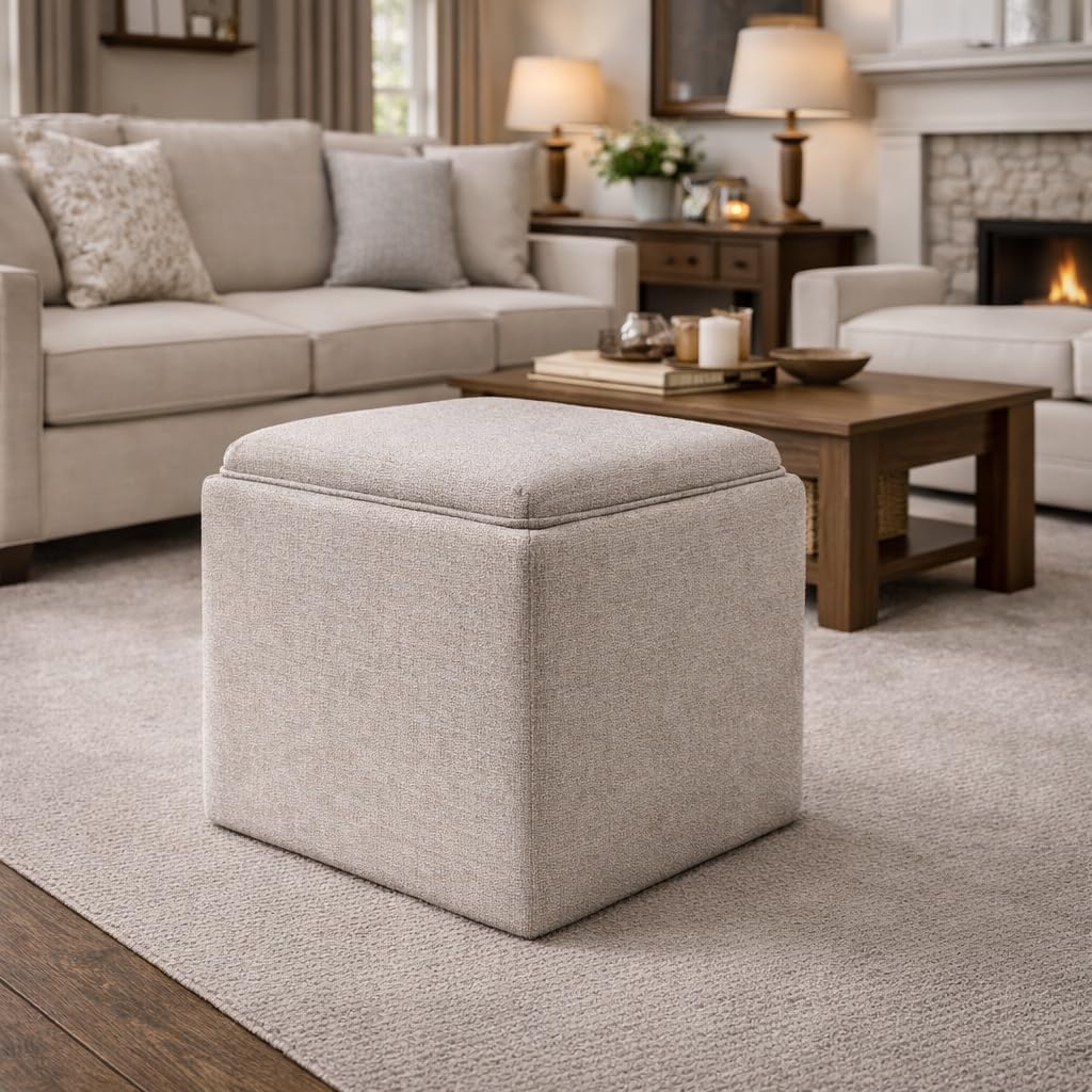 Modern Square Storage Ottoman with Tray Top and Hidden Storage, Upholstered Woven Footrest Coffee Table for Living Room, Bedroom and Home Décor, Light Brown