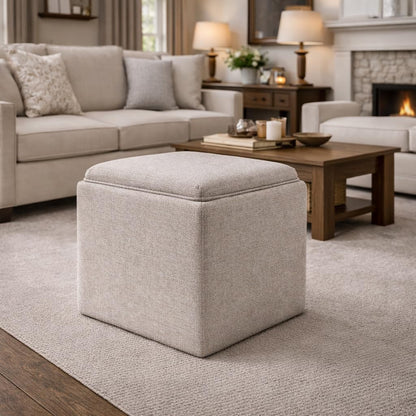 Modern Square Storage Ottoman with Tray Top and Hidden Storage, Upholstered Woven Footrest Coffee Table for Living Room, Bedroom and Home Décor, Light Brown