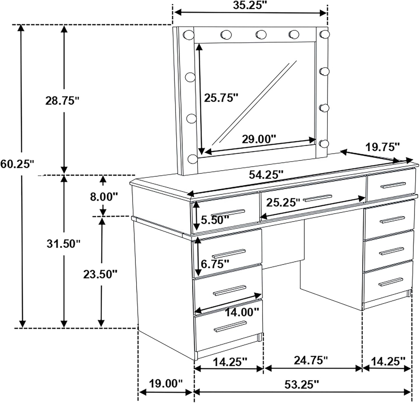 Luxury 54-Inch Vanity Dressing Table with 9 Drawers, LED Lighted Mirror and High Gloss Finish Makeup Vanity Set for Bedroom
