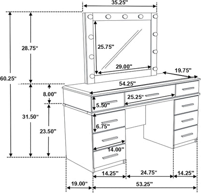 Luxury 54-Inch Vanity Dressing Table with 9 Drawers, LED Lighted Mirror and High Gloss Finish Makeup Vanity Set for Bedroom