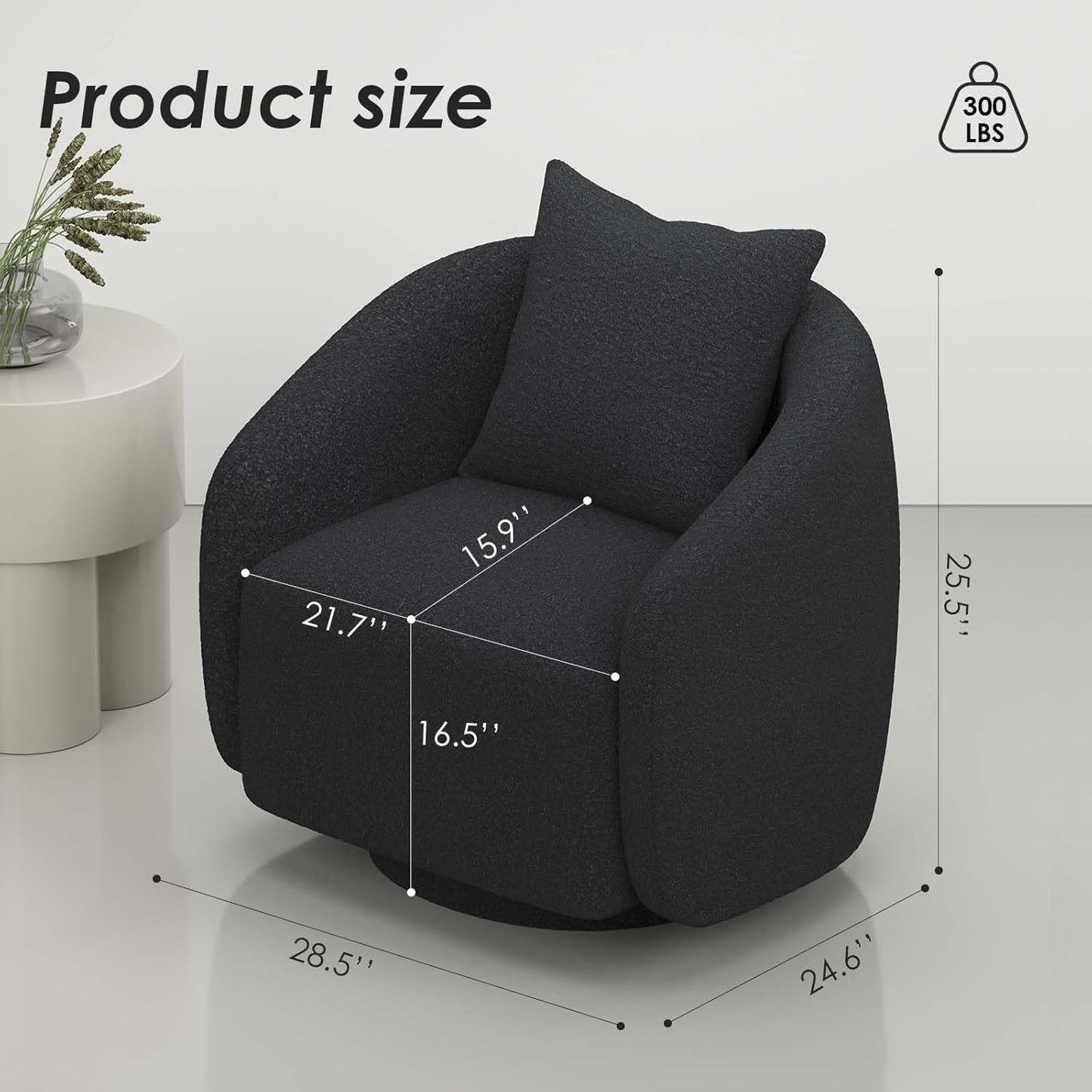 360° Swivel Barrel Accent Chair, Modern Black Lounge Armchair, Comfortable Single Sofa for Living Room, Bedroom & Leisure Seating
