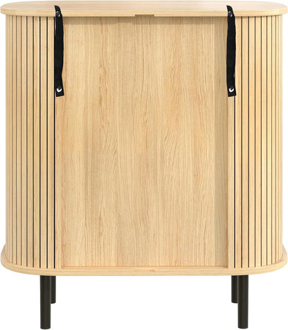 Fluted Wine Bar Cabinet with Wine Rack and Glass Holder, Sliding Door Buffet Sideboard with Storage Shelves for Home Bar, Dining Room and Kitchen, Natural Wood Finish
