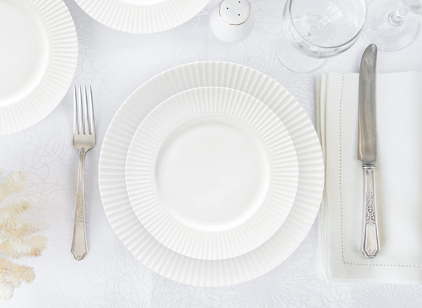 16-Piece Bone China Dinnerware Set for 4, Elegant White Embossed Stripe Plates and Bowls Set, Chip Resistant and Microwave Safe Tableware for Everyday and Formal Dining