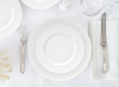 16-Piece Bone China Dinnerware Set for 4, Elegant White Embossed Stripe Plates and Bowls Set, Chip Resistant and Microwave Safe Tableware for Everyday and Formal Dining
