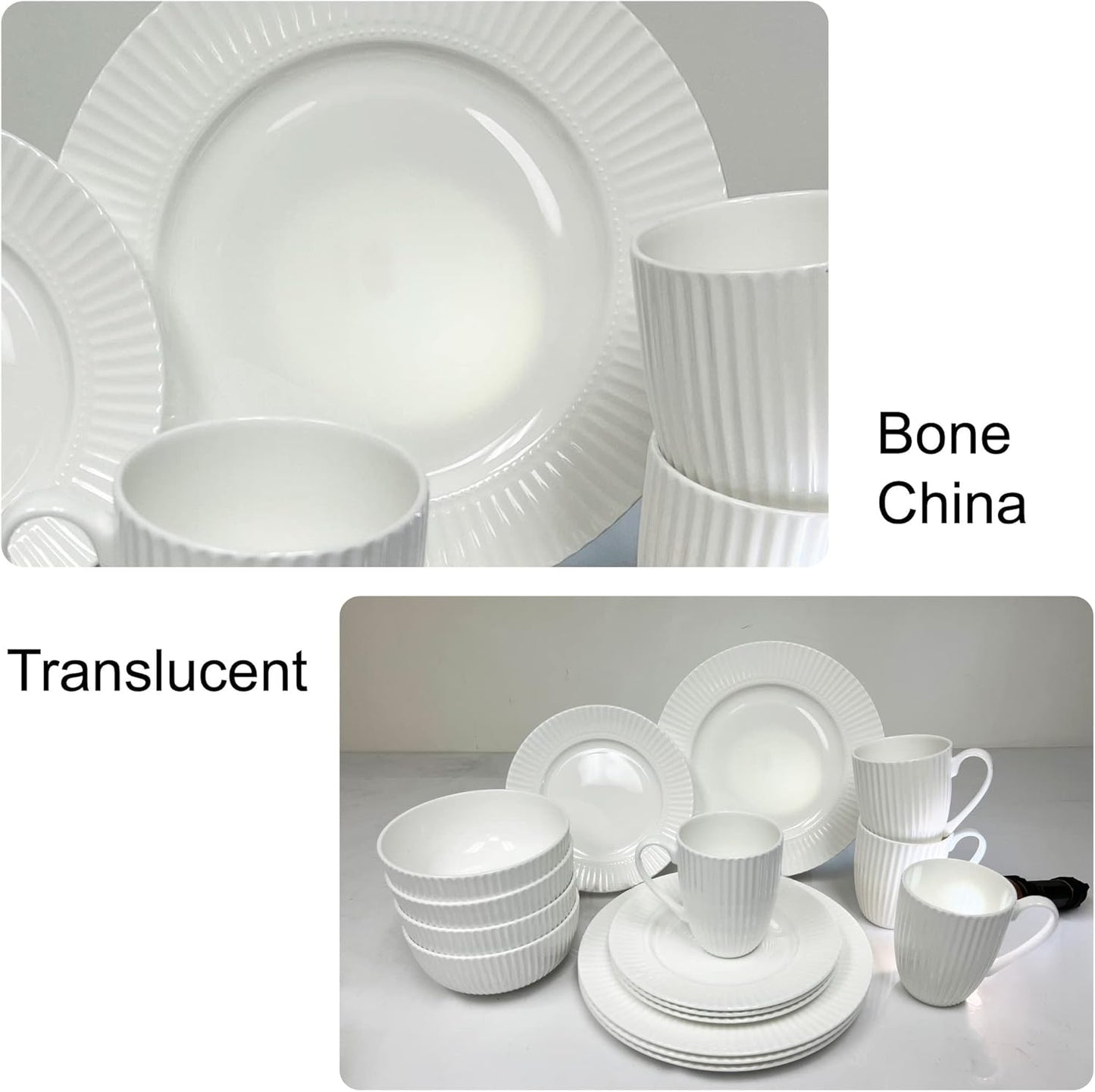 16-Piece Bone China Dinnerware Set for 4, Elegant White Embossed Stripe Plates and Bowls Set, Chip Resistant and Microwave Safe Tableware for Everyday and Formal Dining