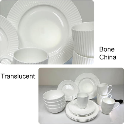 16-Piece Bone China Dinnerware Set for 4, Elegant White Embossed Stripe Plates and Bowls Set, Chip Resistant and Microwave Safe Tableware for Everyday and Formal Dining
