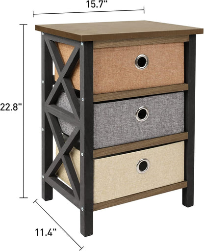 Set of 2 Nightstands with 3-Drawer Storage, Bedroom Bedside Tables with Wood Top and Fabric Bins, Compact Organizer Units for Home Office and Living Room, Black and Brown