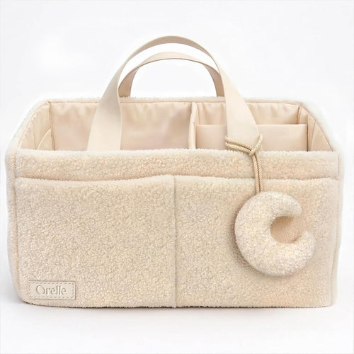 Bouclé Diaper Caddy Organizer with Matching Pouch and Moon Pendant, Portable Baby Changing Table Storage Basket for Nursery, Baby Essentials and Baby Shower Gift, Cream