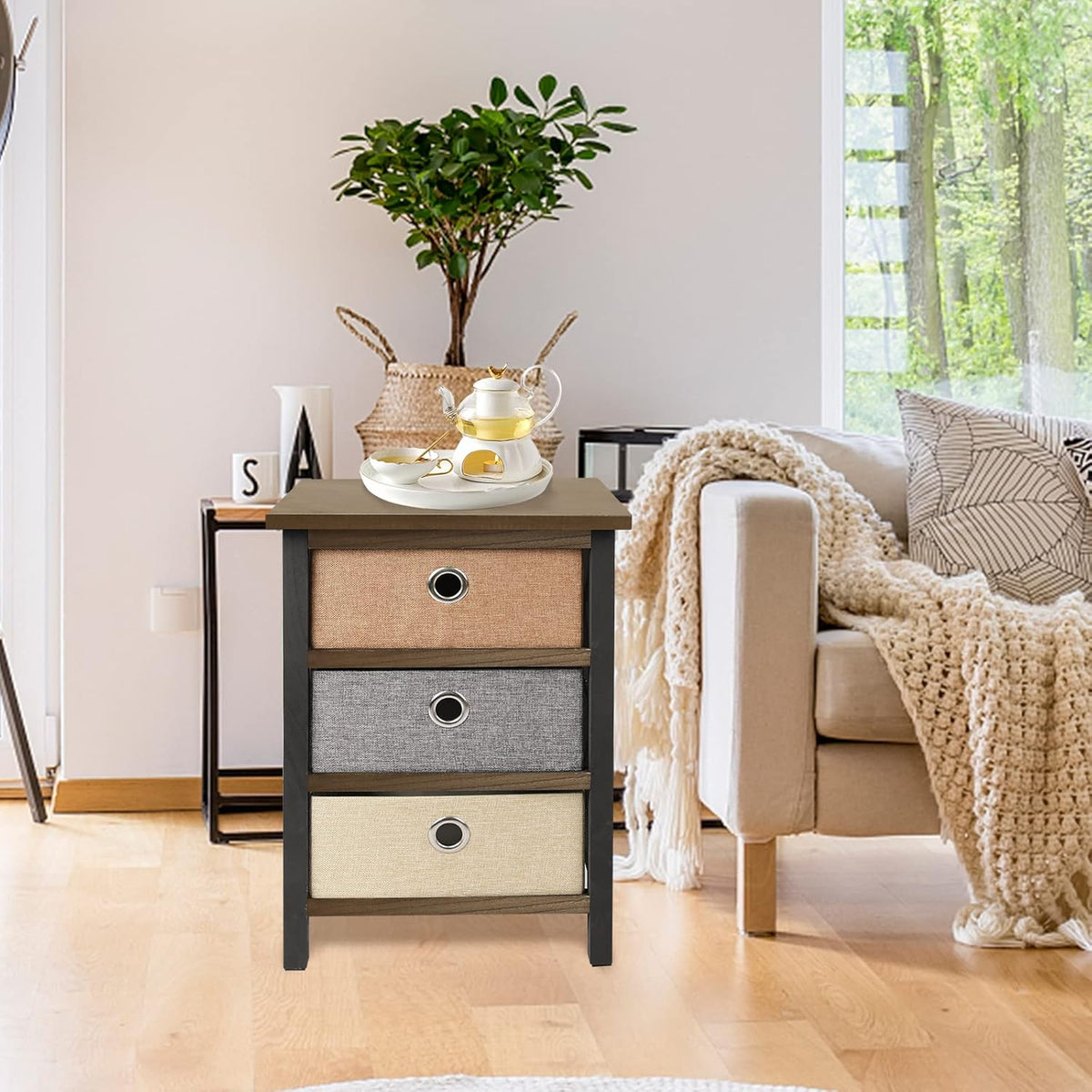 Set of 2 Nightstands with 3-Drawer Storage, Bedroom Bedside Tables with Wood Top and Fabric Bins, Compact Organizer Units for Home Office and Living Room, Black and Brown