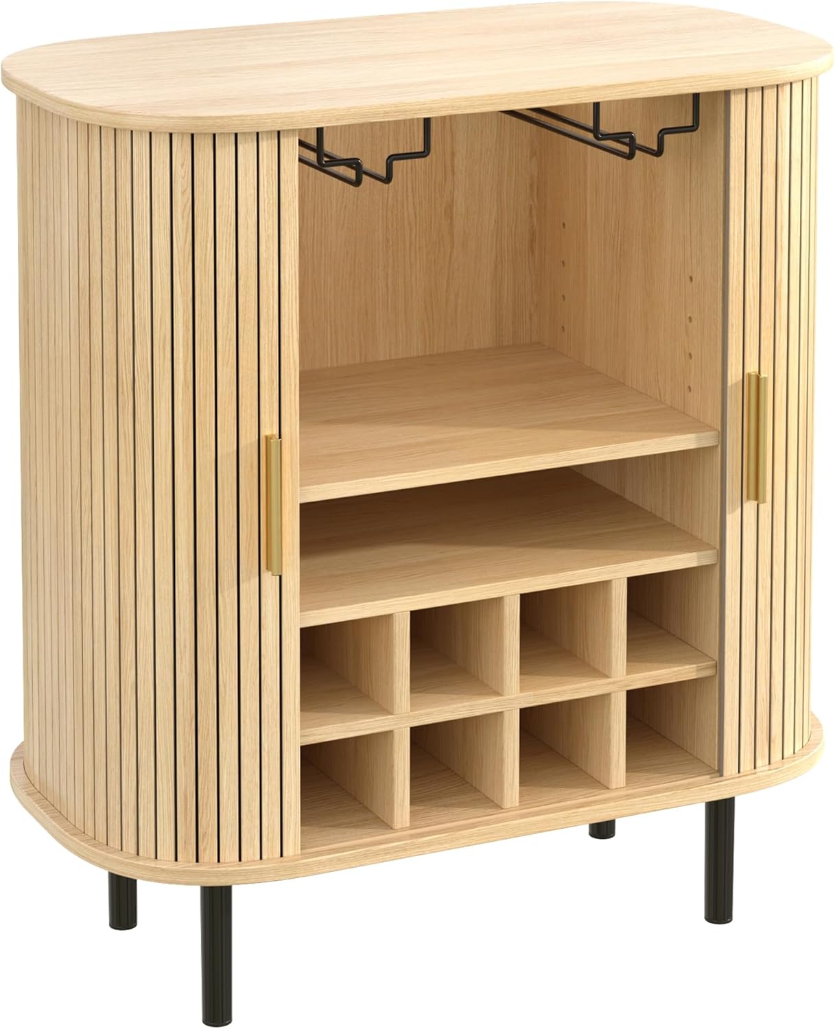 Fluted Wine Bar Cabinet with Wine Rack and Glass Holder, Sliding Door Buffet Sideboard with Storage Shelves for Home Bar, Dining Room and Kitchen, Natural Wood Finish