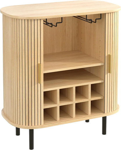 Fluted Wine Bar Cabinet with Wine Rack and Glass Holder, Sliding Door Buffet Sideboard with Storage Shelves for Home Bar, Dining Room and Kitchen, Natural Wood Finish