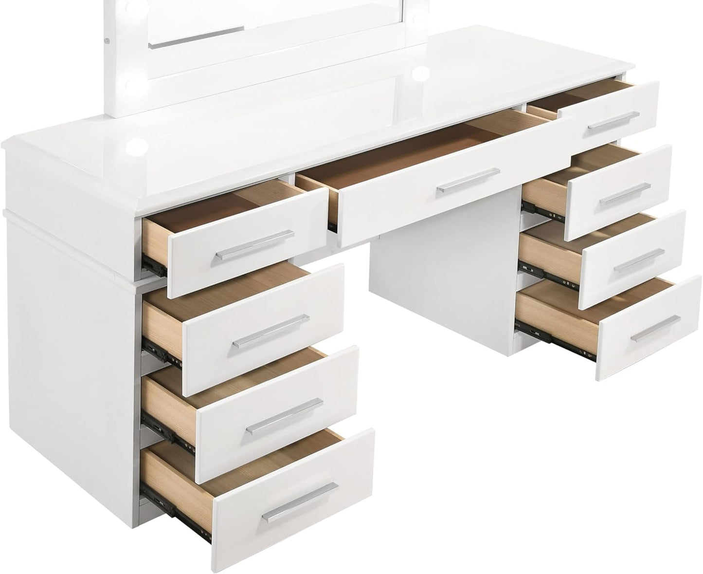 Luxury 54-Inch Vanity Dressing Table with 9 Drawers, LED Lighted Mirror and High Gloss Finish Makeup Vanity Set for Bedroom