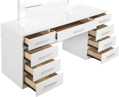 Luxury 54-Inch Vanity Dressing Table with 9 Drawers, LED Lighted Mirror and High Gloss Finish Makeup Vanity Set for Bedroom