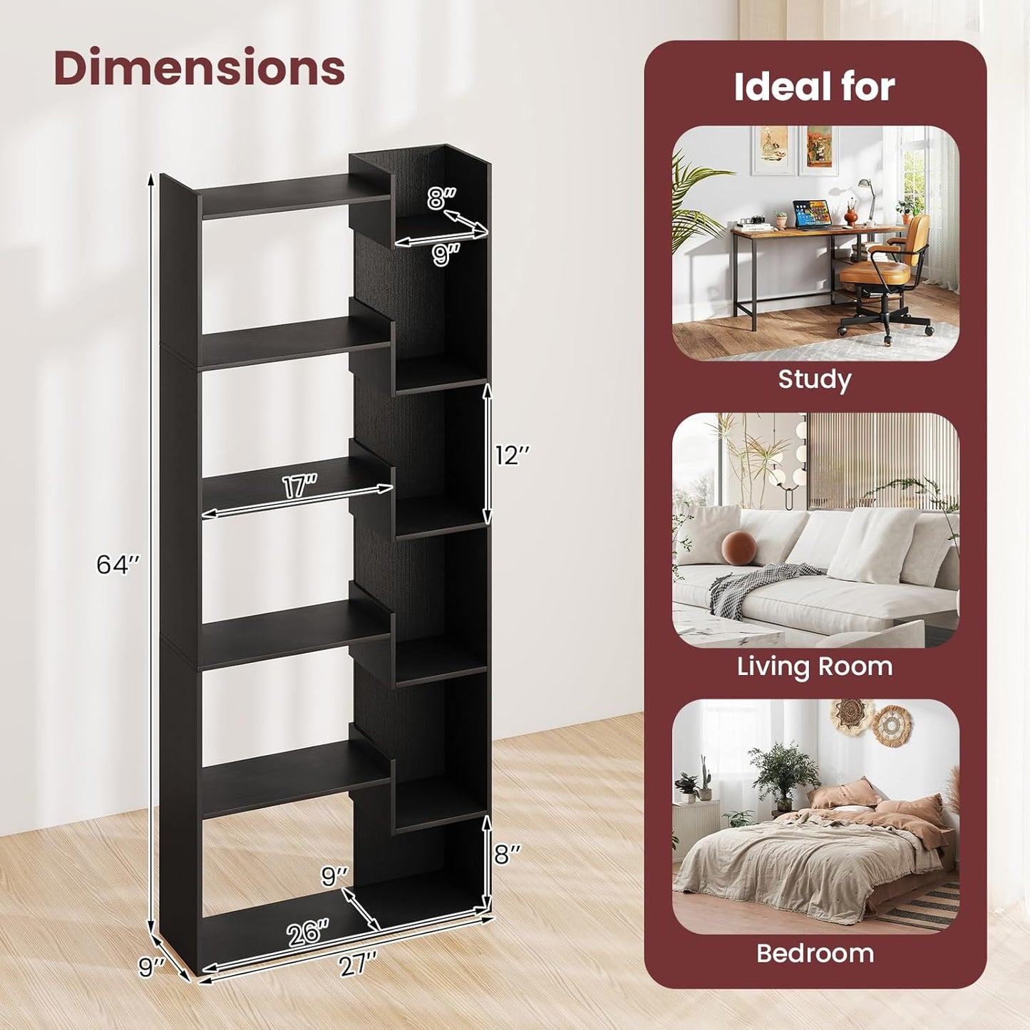 6-Tier Modern Bookshelf with Staggered Open Shelves, Wooden Bookcase Storage Display Unit with Anti-Tip Kit for Living Room, Bedroom and Home Office, Black