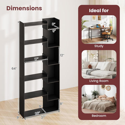 6-Tier Modern Bookshelf with Staggered Open Shelves, Wooden Bookcase Storage Display Unit with Anti-Tip Kit for Living Room, Bedroom and Home Office, Black
