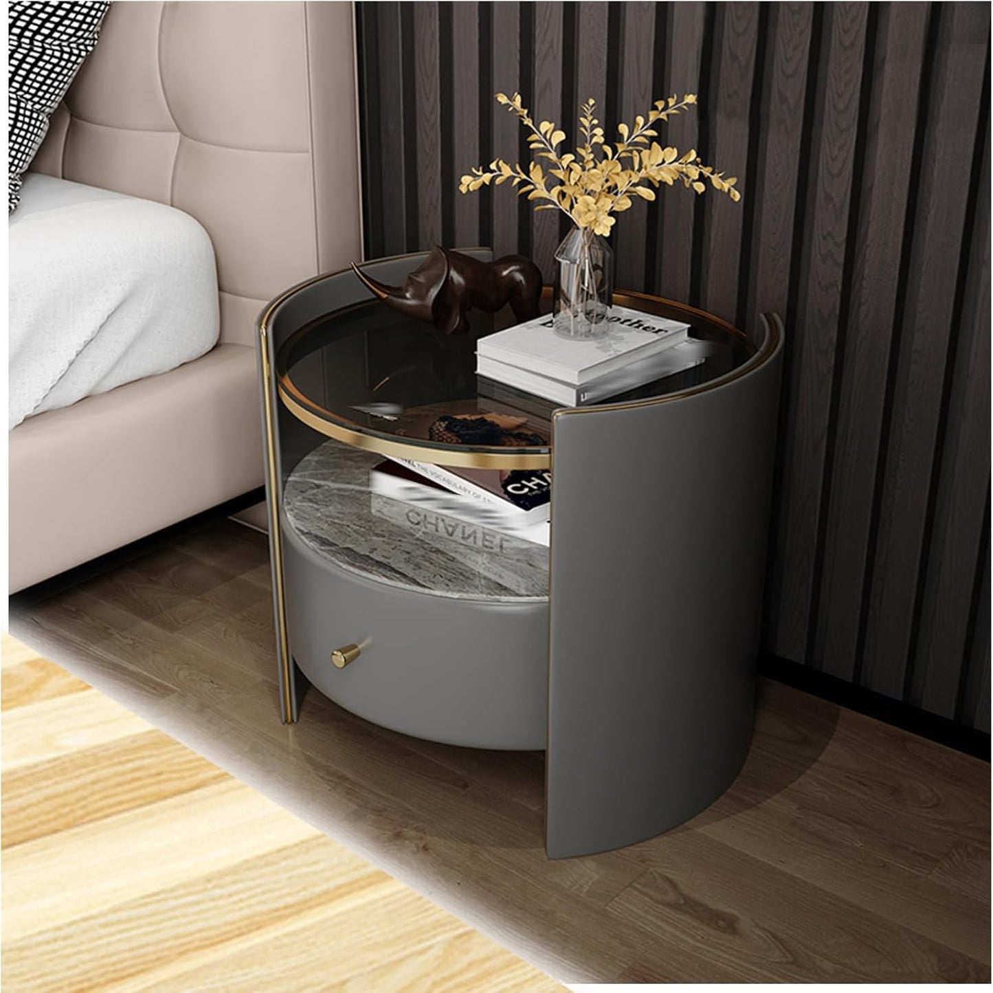 Modern Minimalist Nightstand with Drawer Storage, High Gloss Finish Compact Bedside Table, Space-Saving Bedroom Furniture with Silent Drawer, Gray