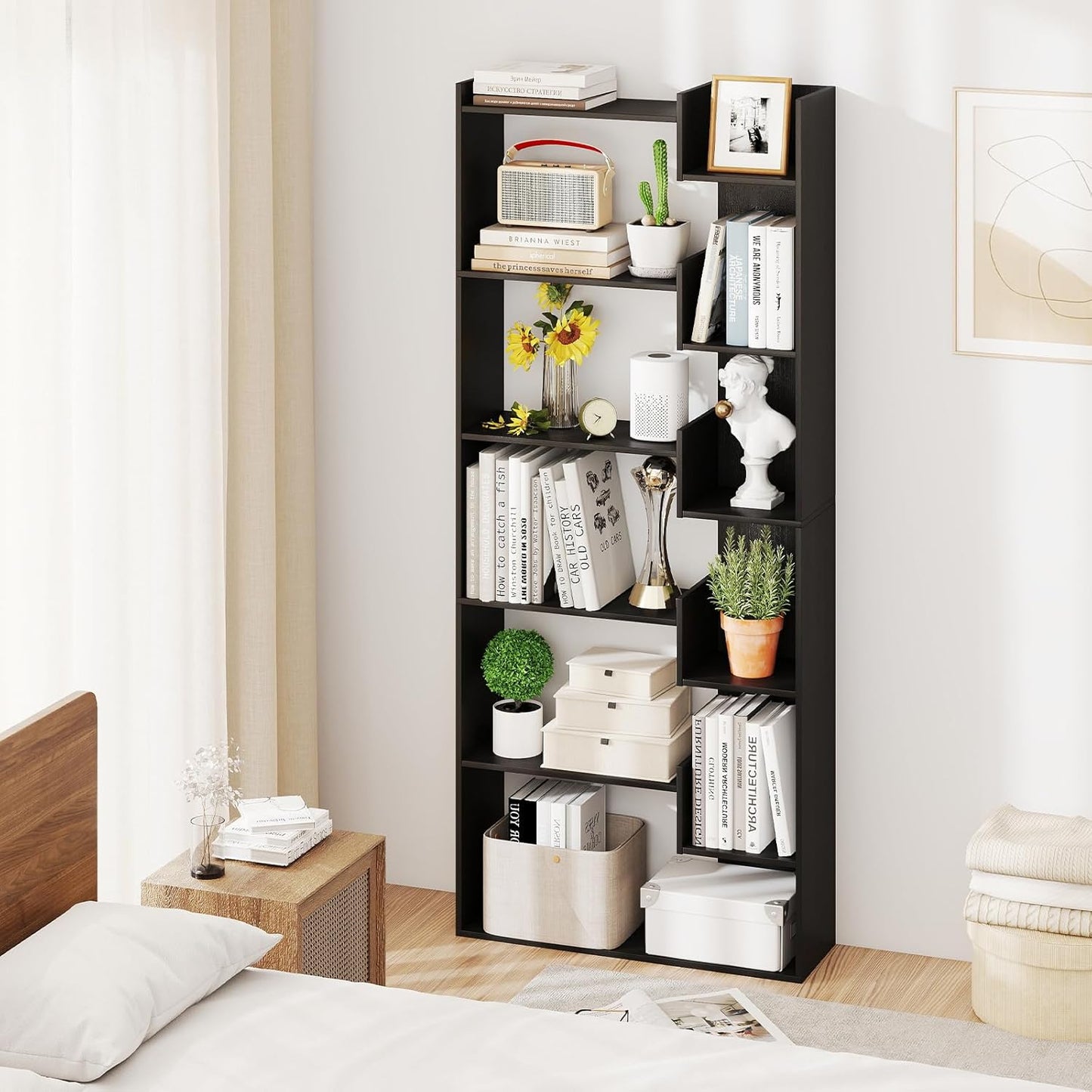 6-Tier Modern Bookshelf with Staggered Open Shelves, Wooden Bookcase Storage Display Unit with Anti-Tip Kit for Living Room, Bedroom and Home Office, Black