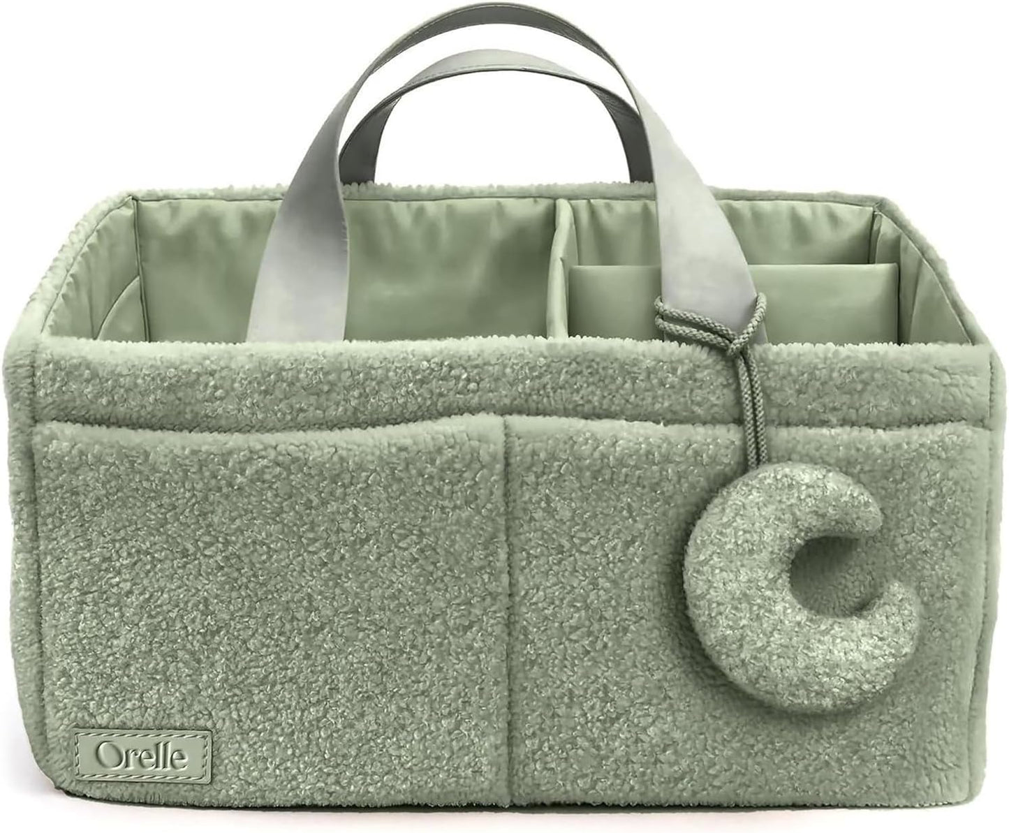 Bouclé Diaper Caddy Organizer with Matching Pouch and Moon Pendant, Portable Baby Changing Table Storage Basket for Nursery, Baby Essentials and Baby Shower Gift, Cream