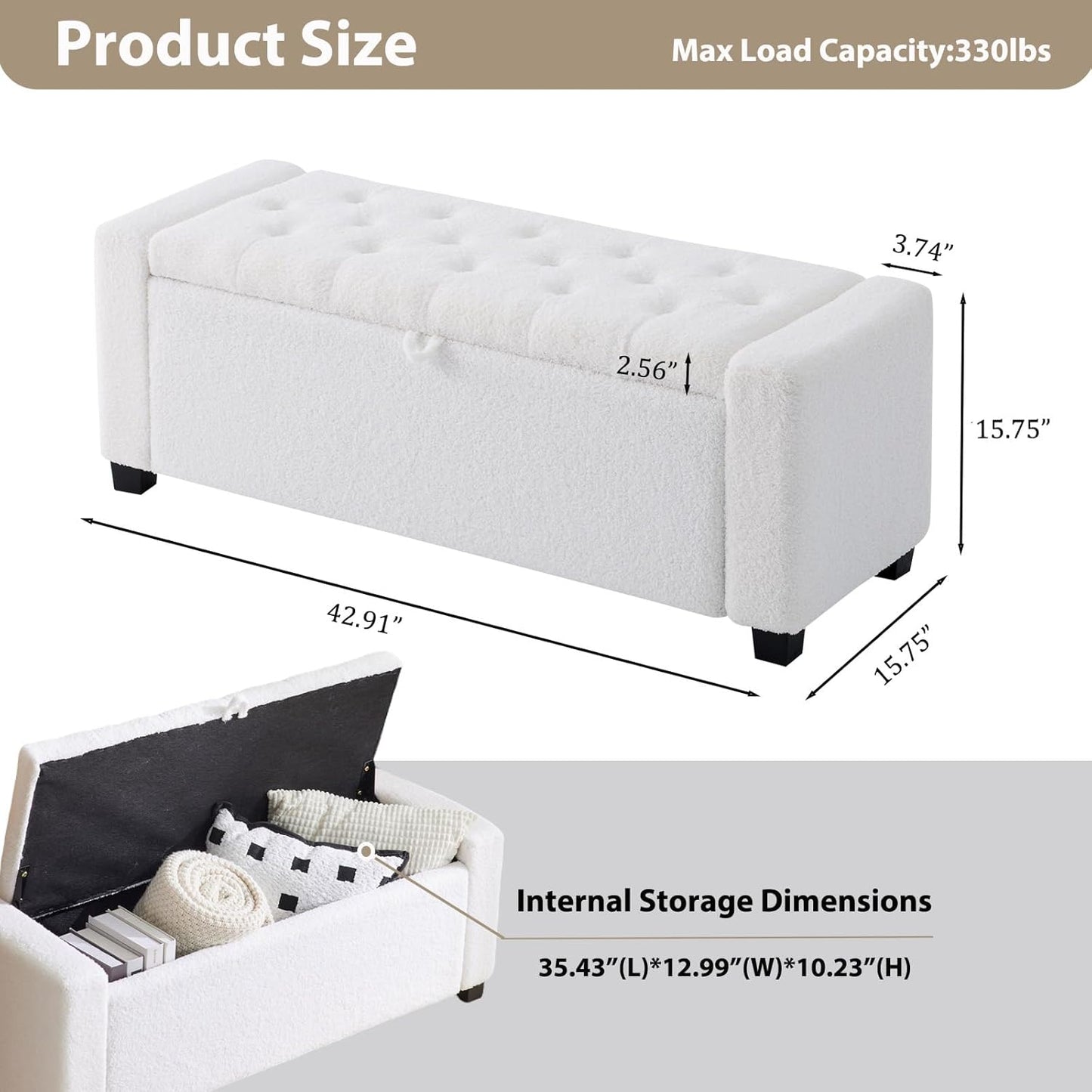 Storage Ottoman Bench with Hidden Storage, Upholstered Bench for Bedroom End of Bed, Living Room & Entryway Seating, White Modern Design