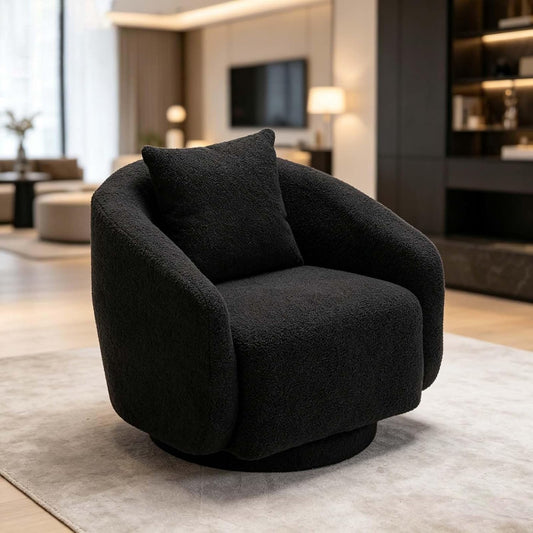 360° Swivel Barrel Accent Chair, Modern Black Lounge Armchair, Comfortable Single Sofa for Living Room, Bedroom & Leisure Seating