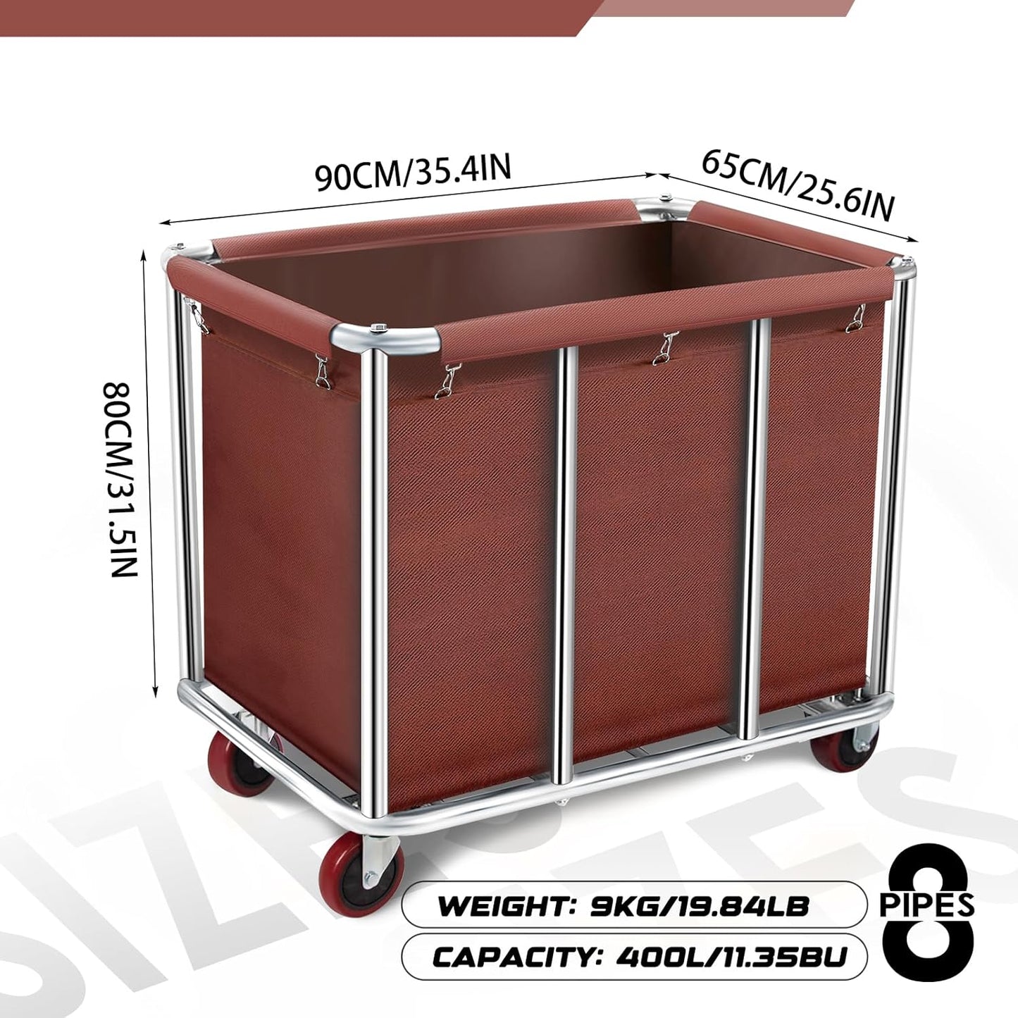Heavy-Duty Commercial Laundry Cart on Wheels, 11.35 Bushels Large Capacity Rolling Laundry Basket with Removable Waterproof Canvas Bag for Home, Hotels & Facilities