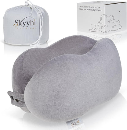 Memory Foam Travel Neck Pillow for Women, Ergonomic Airplane Neck Support Pillow for Flights, Road Trips and Travel, Compact Portable Design, Ash Grey