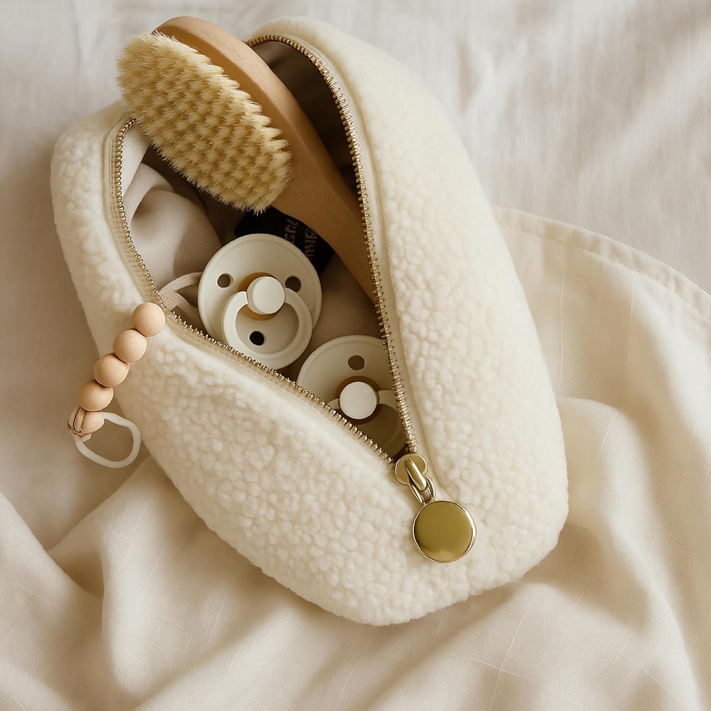 Bouclé Diaper Caddy Organizer with Matching Pouch and Moon Pendant, Portable Baby Changing Table Storage Basket for Nursery, Baby Essentials and Baby Shower Gift, Cream