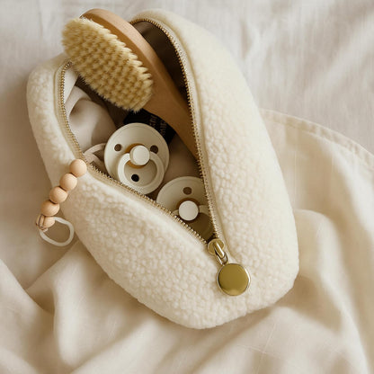 Bouclé Diaper Caddy Organizer with Matching Pouch and Moon Pendant, Portable Baby Changing Table Storage Basket for Nursery, Baby Essentials and Baby Shower Gift, Cream